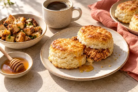 Biscuits, a chicken biscuit, breakfast potatoes and coffee.